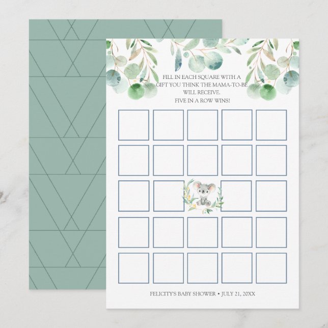 Invitación Bush Baby Koala Baby Shower Bingo Game Card (Anverso / Reverso)