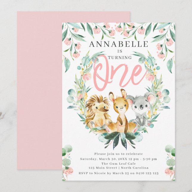 Invitación Bush Safari 1er cumpleaños Chica (Anverso / Reverso)