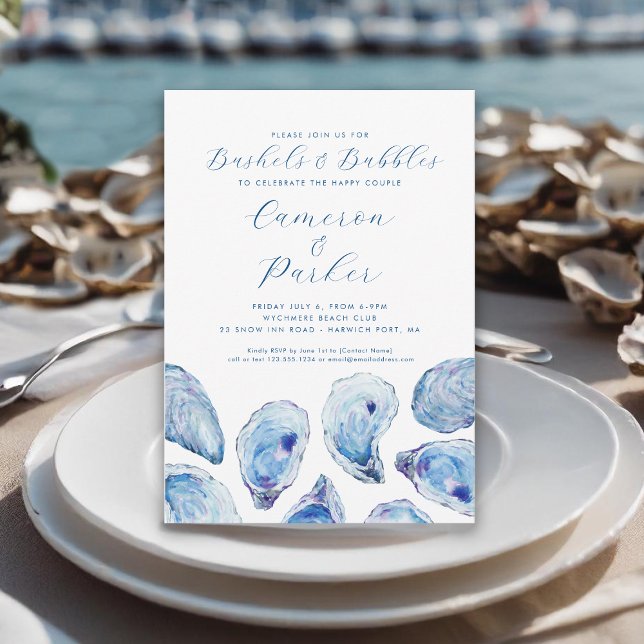 Invitación Busheles y burbujas Oyster Blue Watercolor (Bushels and Bubbles Oyster Roast Invitation with blue watercolor oyster shells from Concertina Press)