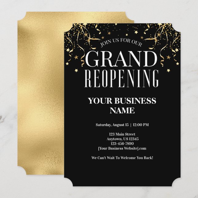 Invitación Business Grand ReOpening Faux Gold Confetti Stars (Anverso / Reverso)