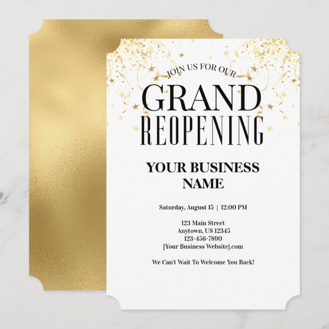 Invitación Business Grand ReOpening Faux Gold Confetti Stars (Anverso / Reverso)