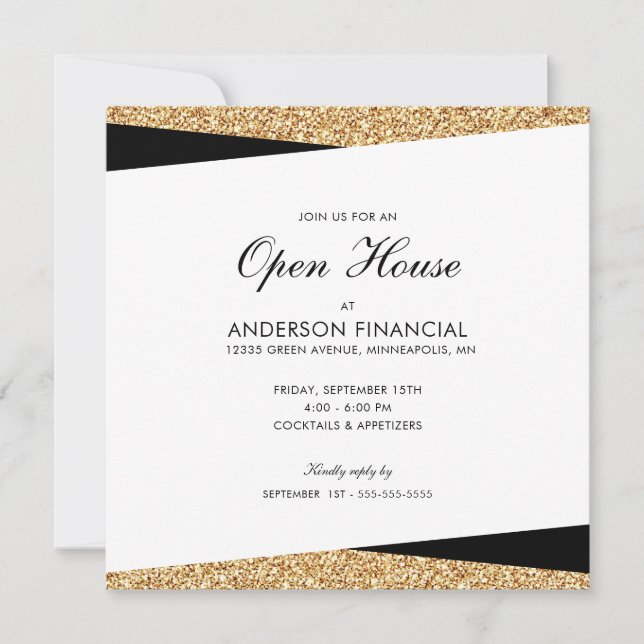 Invitación Business Open House Black and Gold Purpurina (Anverso)