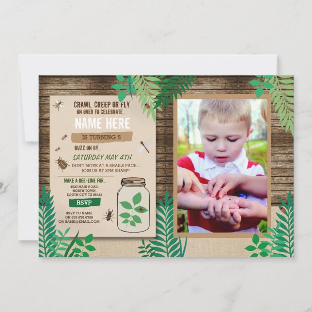 Invitación Búsqueda de Bichos Foto Fiesta Hoja de Hojas (Anverso)