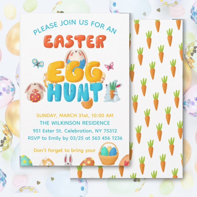 Invitación Búsqueda de huevos de Pascua coloridos  (Play with the customization options of this colorful cute invitation for your East Hunt Celebration.)