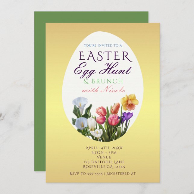 Invitación Búsqueda de Huevos de Pascua Floral de Primavera E (Anverso / Reverso)