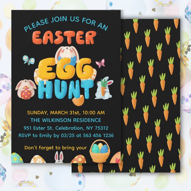 Invitación Busqueda de Huevos de Pascua Negros  (Get this playful and colorful invitation for your Easter celebration, customize it today!)