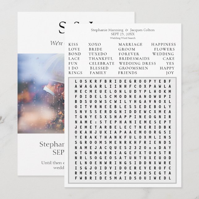 Invitación Búsqueda de palabras de un Boda fotográfico modern (Anverso / Reverso)