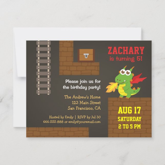 Invitación Búsqueda del Tesoro, Dragón, Fiesta de Cumpleaños  (Anverso)