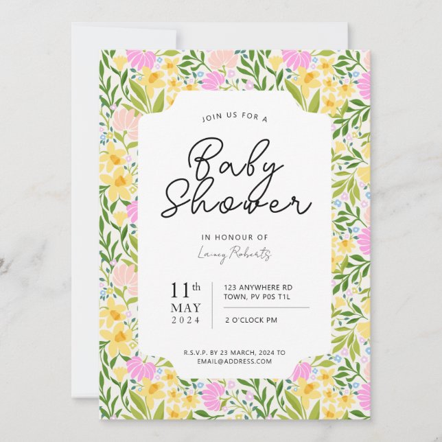 Invitación Busy Spring Daffodil Tossed Floral Baby Shower (Anverso)