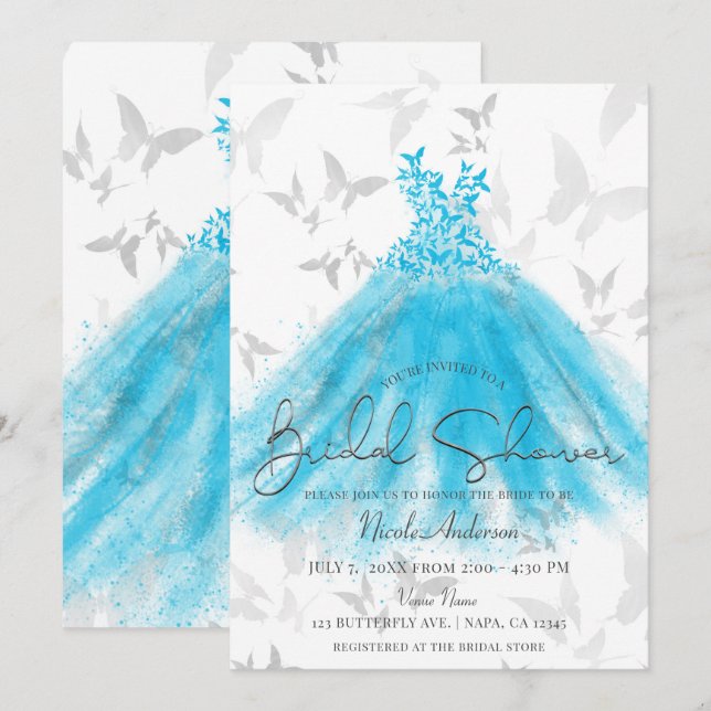 Invitación Butfly Dance Aqua Blue Dress Bridal Shower (Anverso / Reverso)