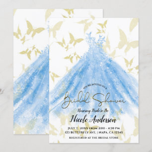 Invitación Butfly Dance Blue Dress Gold Bridal Shower Invi