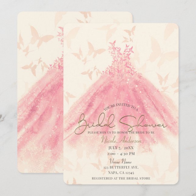 Invitación Butfly Dance Peach Sparkle Vestido Brillante Ducha (Anverso / Reverso)