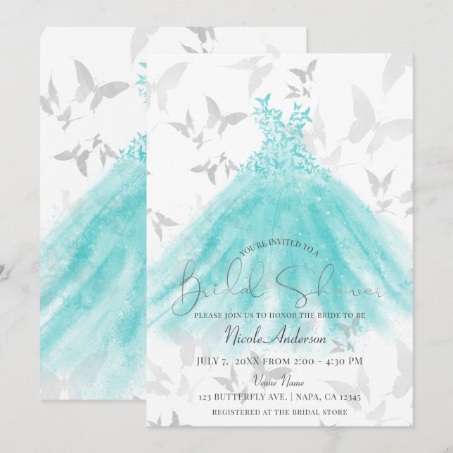 Invitación Butfly Dance Turquoise Vestido Brillante Ducha (Anverso / Reverso)