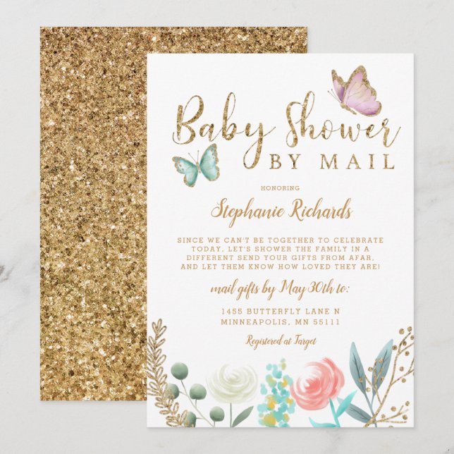 Invitación Butfly Gold Baby Shower POR MAIL (Anverso / Reverso)