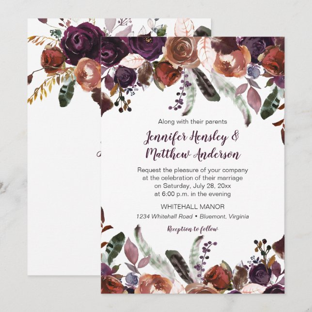 Invitación Butter Rum Eggplant Rosas púrpura Boho Boda (Anverso / Reverso)