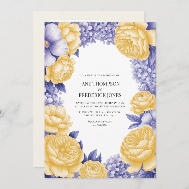 Invitación Butter Yellow and Periwinkle Floral Wedding Photo (Anverso / Reverso)
