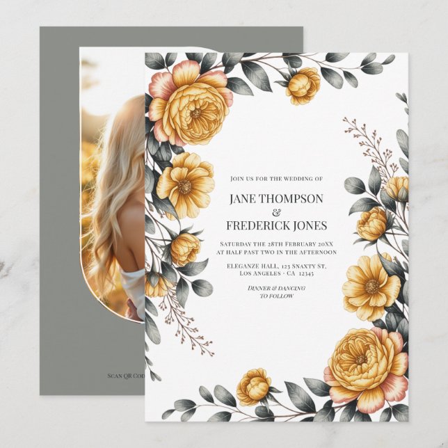 Invitación Butter Yellow & Dove Gray Botanical Floral Wedding (Anverso / Reverso)