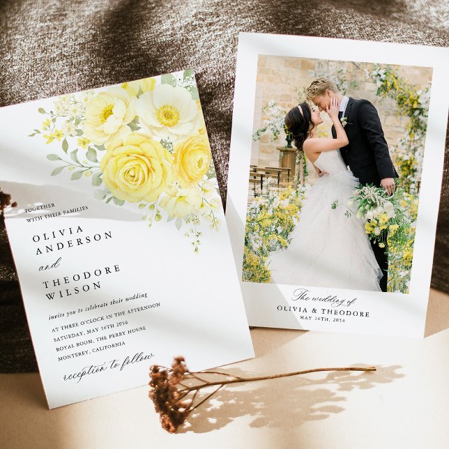 Invitación Butter Yellow Ivory Floral Photo Wedding (butter yellow photo back wedding invitation ivory floral yellow rose wedding invitation stationery)