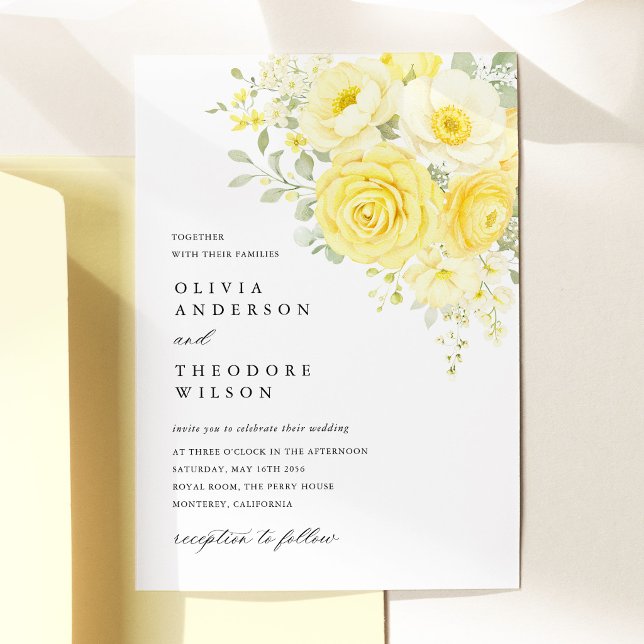 Invitación Butter Yellow Ivory Floral Wedding (butter yellow ivory floral wedding invitation yellow rose invitation elegant wedding stationery)