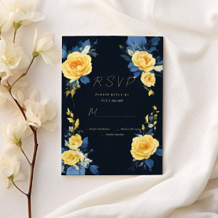 Invitación Buttercup amarillo azul marino boho floral RSVP