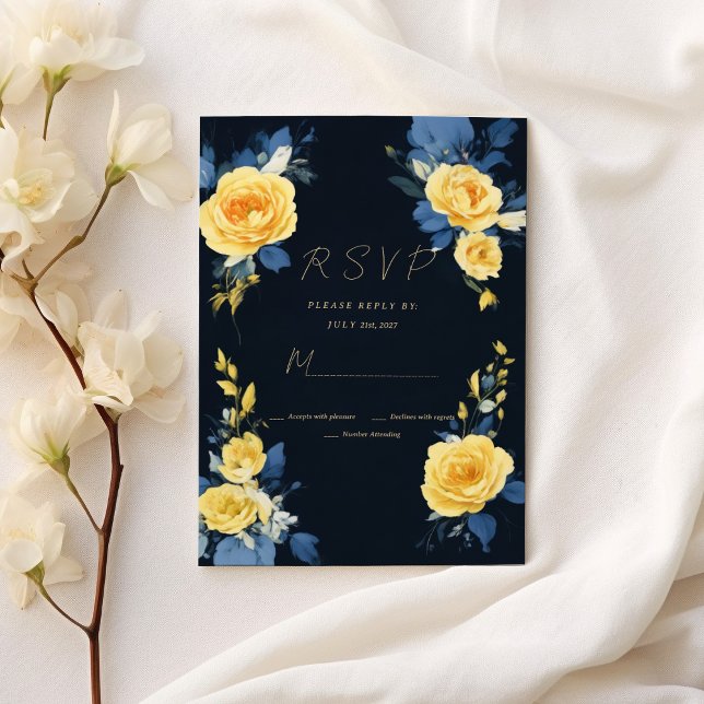 Invitación Buttercup amarillo azul marino boho floral RSVP (Buttercup yellow navy blue boho floral RSVP)