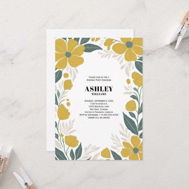 Invitación Buttercup Yellow Modern Floral Birthday Party (Anverso/Reverso In Situ)