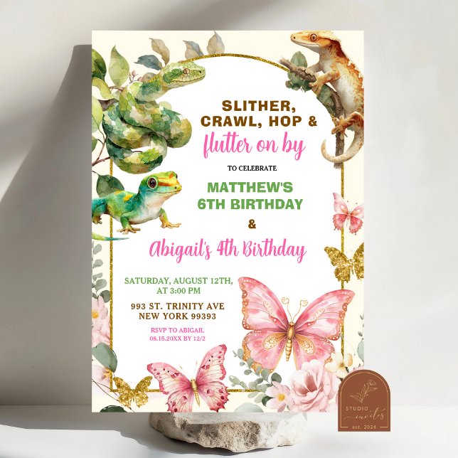Invitación Butterflies and Reptiles Joint Sibling Birthday  (Subido por el creador)