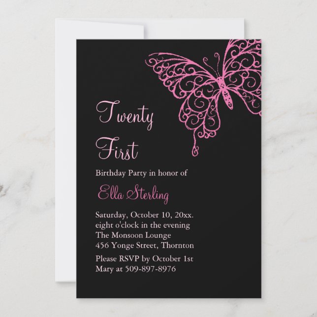Invitación Butterflies color rosa cumplen 21 años (Anverso)