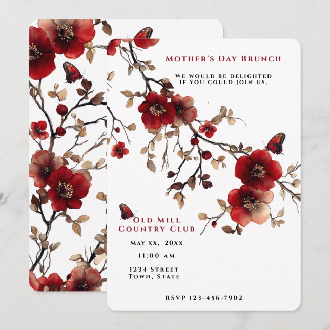 Invitación Butterflies de flores rojas de brunch del día de l (Anverso / Reverso)