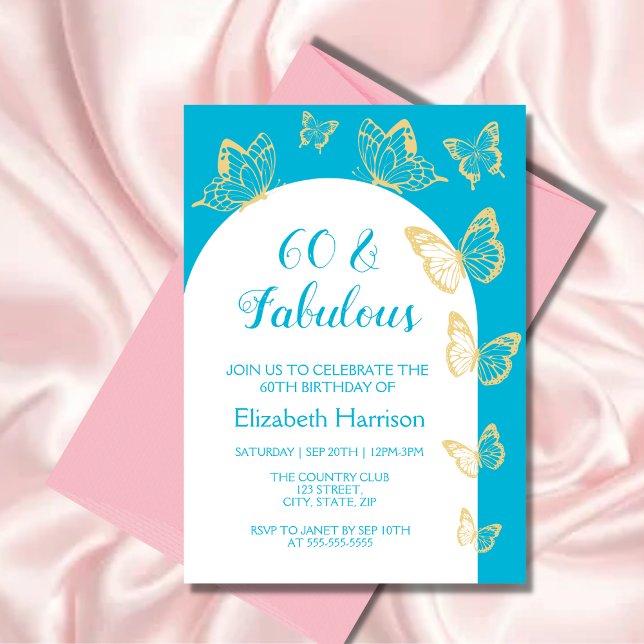 Invitación Butterflies de oro azul moderno Fabuloso cumpleaño (Subido por el creador)