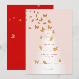 INVITACIÓN BUTTERFLIES DE ORO Y CAKE GUARDAR LA FECHA
