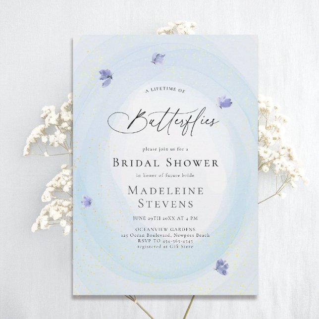 Invitación Butterflies de por vida algo ducha azul de novia (lifetime of butterflies theme bridal shower invitation whimsical watercolor romantic something blue)
