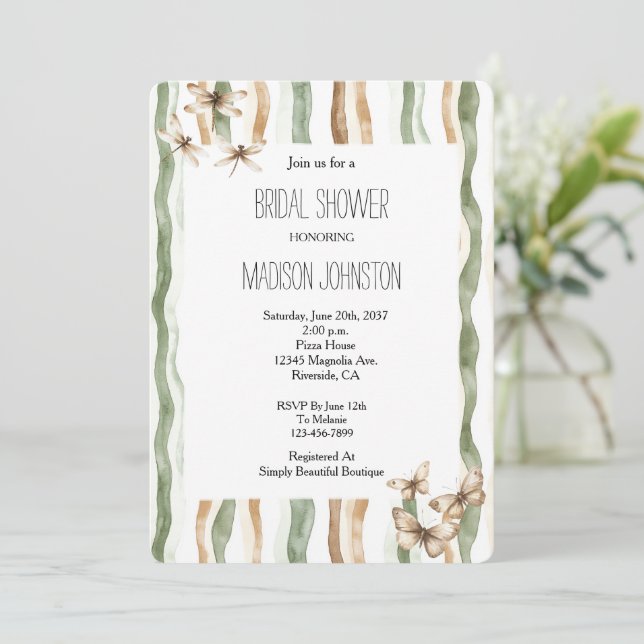 Invitación Butterflies Dragonflies Stripes Bridal Shower (Anverso de pie)