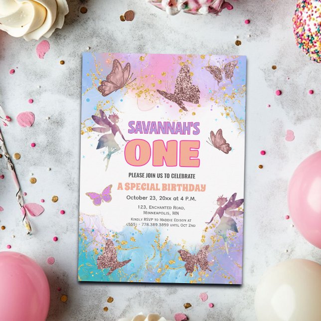Invitación Butterflies Fairy Gold Glitter 1st Birthday Party (Subido por el creador)