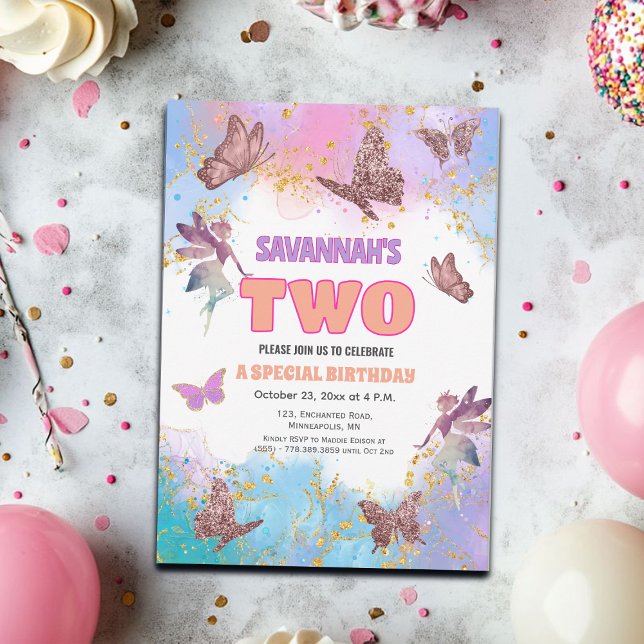 Invitación Butterflies Fairy Gold Glitter 2nd Birthday Party (Subido por el creador)