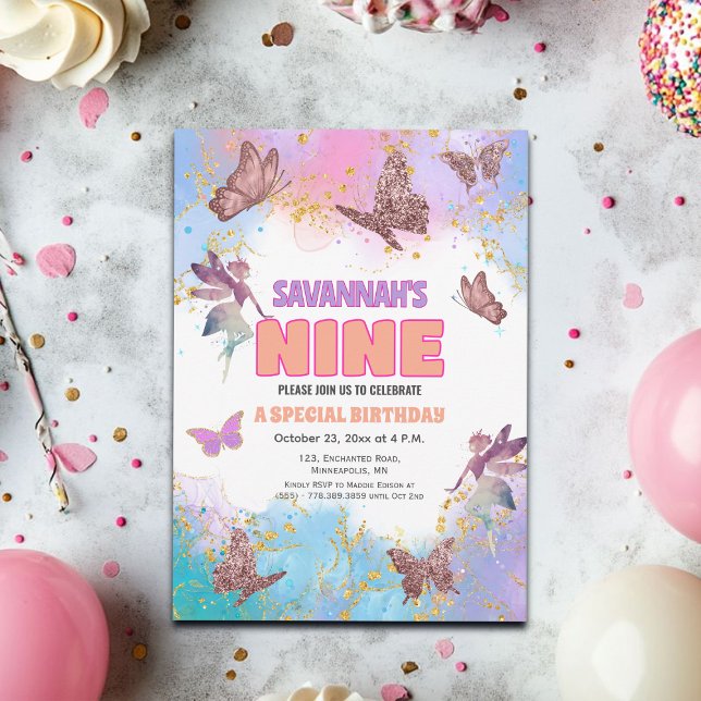 Invitación Butterflies Fairy Gold Glitter 9th Birthday Party (Subido por el creador)