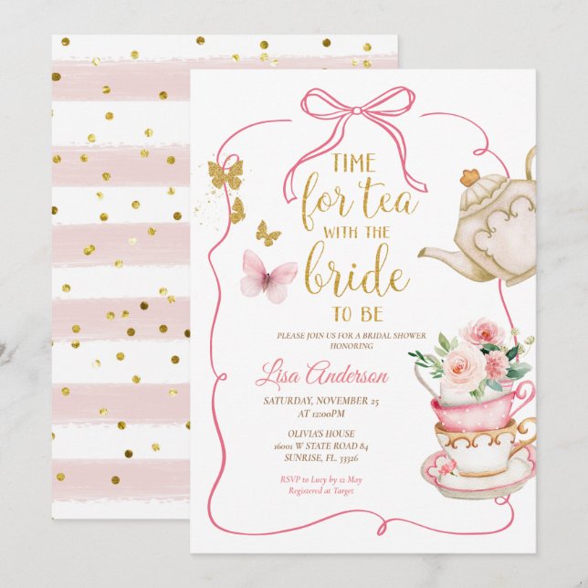 Invitación Butterflies Floral Bridal Shower Tea Fiesta (Anverso / Reverso)