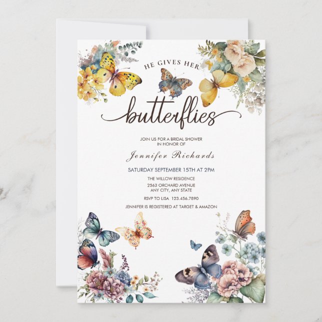 Invitación Butterflies Floral | Ducha acuarela (Anverso)