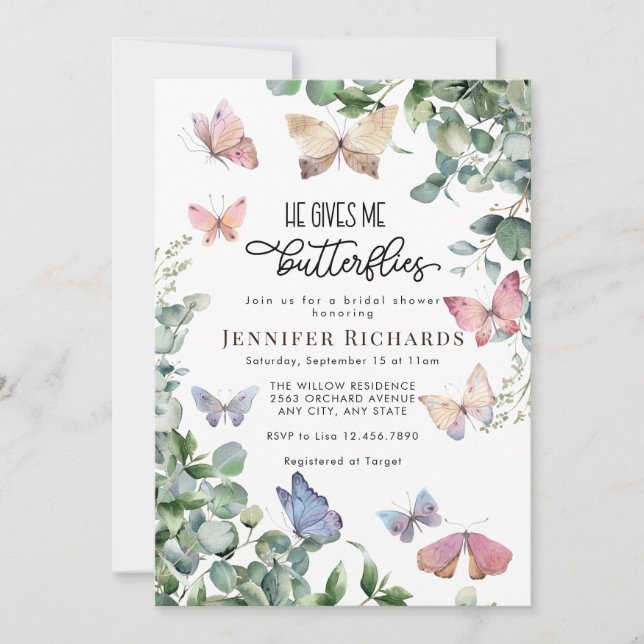 Invitación Butterflies Floral | Ducha nupcial de Eucalyptus (Anverso)