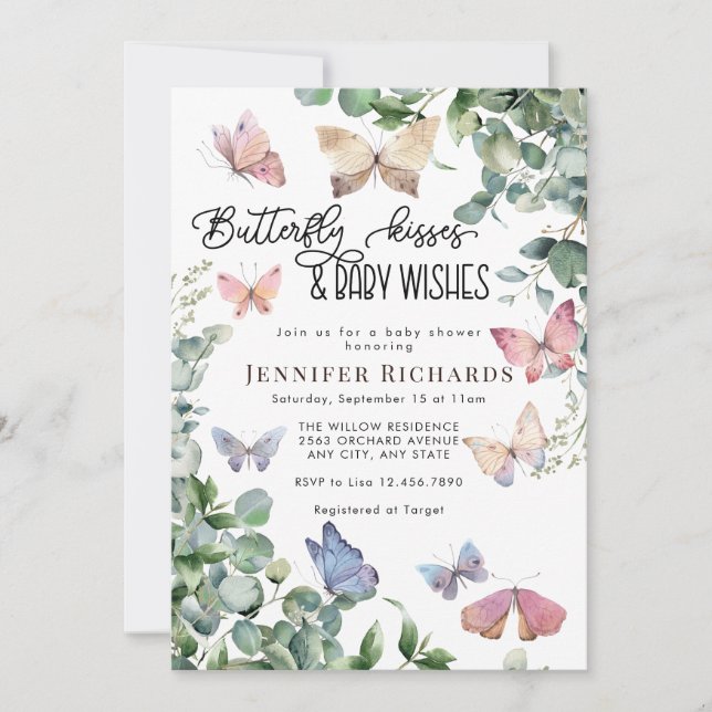 Invitación Butterflies Floral | Eucalyptus Baby Shower (Anverso)