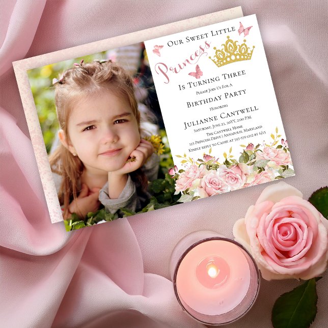 Invitación Butterflies Floral Princesa Foto Tercer cumpleaños (Butterflies Floral "Our Sweet Little  Princess Is Turning Three" Photo 3rd Birthday Party Invitation)