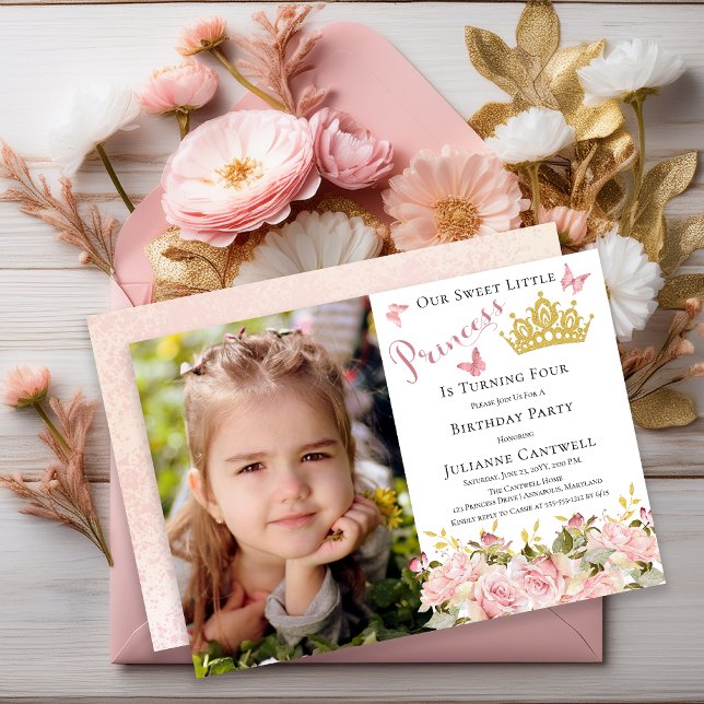 Invitación Butterflies Floral Princess Foto 4 cumpleaños (Butterflies Floral Princess Photo 4th Birthday Invitation - Print and/or Digital Download)