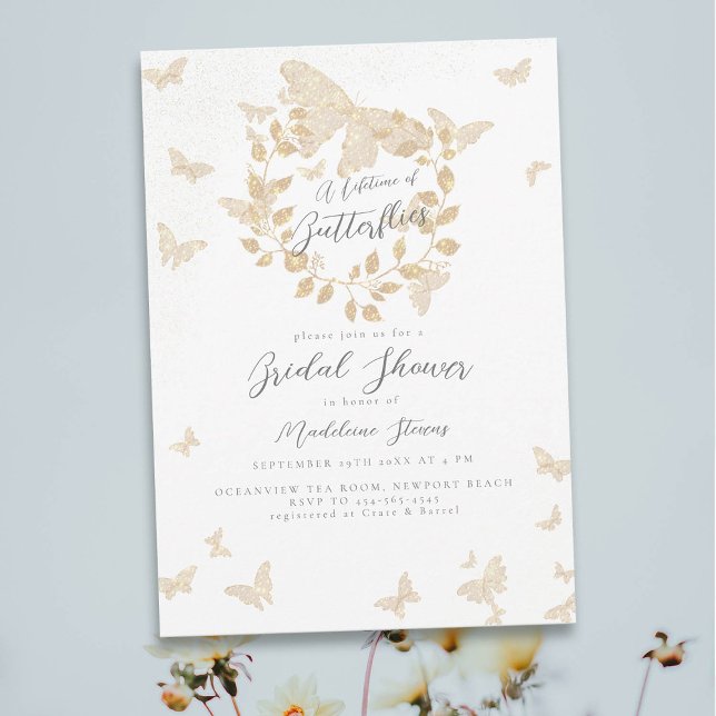 Invitación Butterflies Gold Eucalipto Ducha de novias (lifetime of butterflies bridal shower theme invitation gold eucalyptus greenery wreath gold garden)