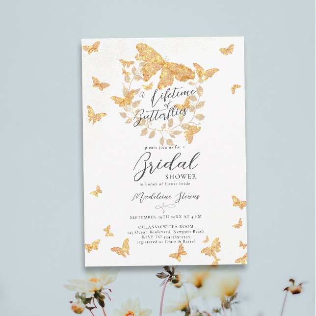 Invitación Butterflies Gold Romantic Brillante (a lifetime of butterflies bright gold glitter eucalyptus botanical bridal shower invitation garden)