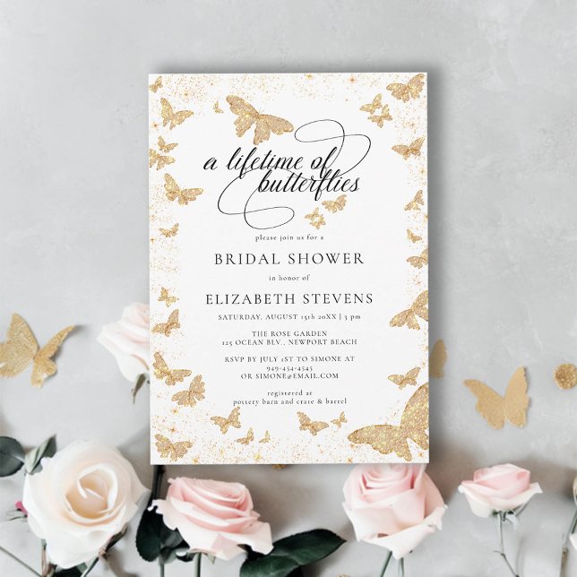 Invitación Butterflies Gold Romantic Brillante (lifetime of butterflies bridal shower theme invitation gold garden romantic calligraphy elegant boho)