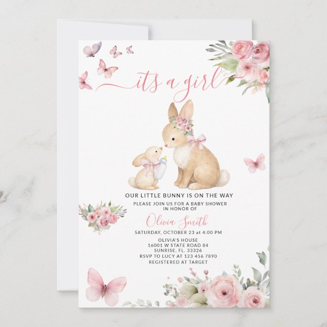 Invitación Butterflies It's a Girl Bunny Baby Shower (Anverso)