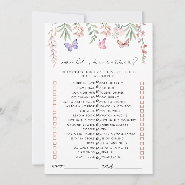 Invitación Butterflies juego de ducha de novia le gustaría (Anverso)