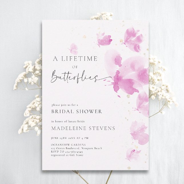 Invitación Butterflies Romántico Ducha de Novias Rosa (butterflies theme bridal shower invitation whimsical watercolor romantic dreamy pink purple)