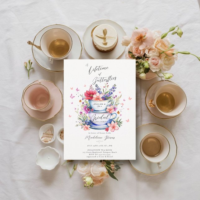 Invitación Butterflies Wild Garden Tea Bridal Shower (bridal garden tea party invitation lifetime of butterflies wildflowers tea set elegant boho romantic)