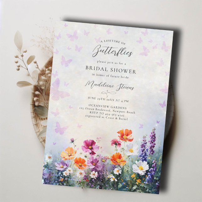 Invitación Butterflies Wildflowers Lilac Garden Bridal Shower (lifetime butterflies bridal shower invitation brunch tea pink purple mauve lilac wildflowers garden )